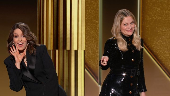 Pictured in this screengrab released on February 28, Co-hosts Tina Fey and Amy Poehler speak onstage at the 78th Annual Golden Globe Awards.