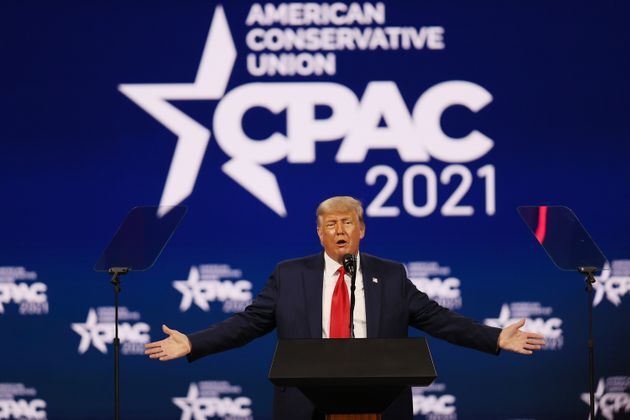 Former President Donald Trump addresses the Conservative Political Action Conference in Florida on Sunday. His speech was full of familiar lies about the election.