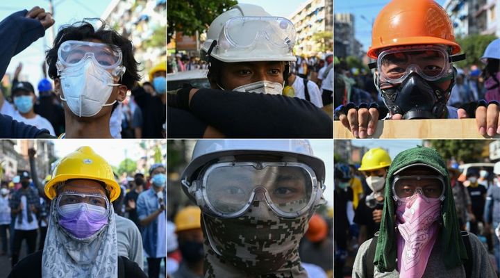 This combination of pictures created on March 1, 2021, shows protesters wearing basic protective gear during a demonstration against the military coup in Yangon.