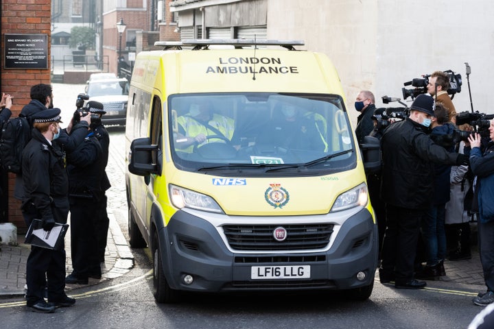An ambulance carrying Prince Philip is seen leaving King Edward VII Hospital on Monday in London.