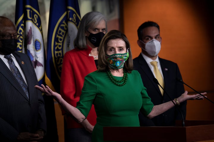 House Speaker Nancy Pelosi (D-Calif.) speaks during a press conference with other House Democratic leaders about COVID-19 fin