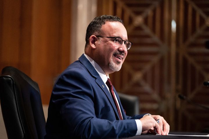Miguel Cardona is seen here at his Feb. 3 confirmation hearing before the Senate's Health, Education, Labor, and Pensions Committee. 