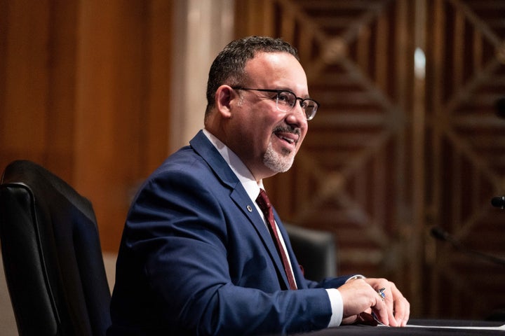 Miguel Cardona is seen here at his Feb. 3 confirmation hearing before the Senate's Health, Education, Labor, and Pensions Committee. 