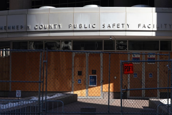 Chain link fence with barbed wire, concrete barriers and concertina wire surround the Hennepin County Public Safety Facility in Minneapolis in preparation for Derek Chauvin's trial in the killing of George Floyd.