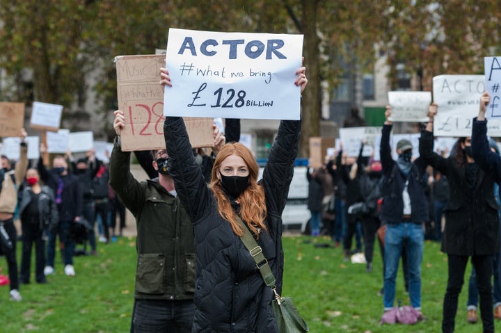 Theatre performers, creatives and technicians gather in Parliament Square to take part in the Survival in the Square' creative demonstration in October