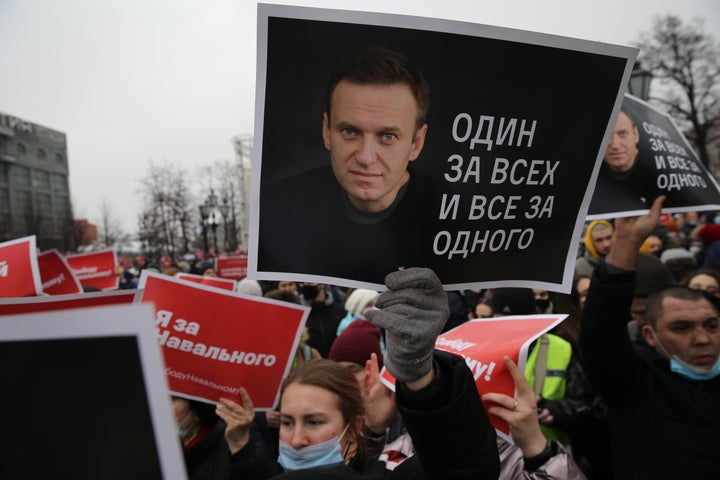 MOSCOW, RUSSIA - JANUARY 23: Participants of an unauthorized protest rally against the jailing of opposition leader Alexei Na
