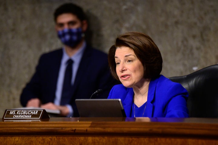 Sen. Amy Klobuchar (D-Minn.) speaks during a Senate Homeland Security and Governmental Affairs & Senate Rules and Administration joint hearing on Capitol Hill, Feb. 23.