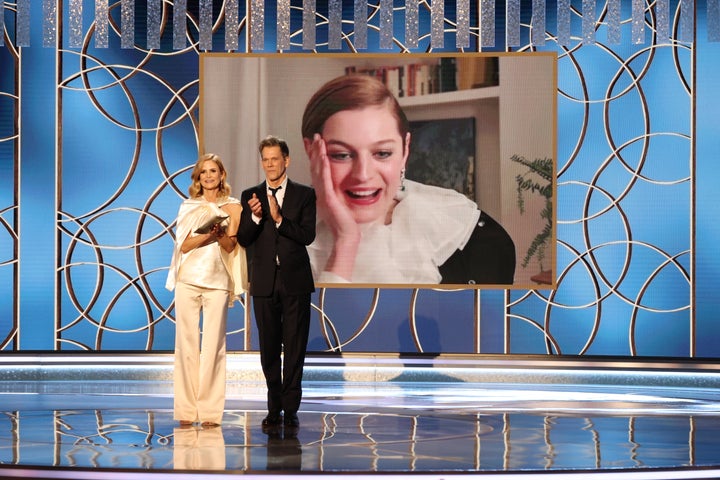 Kevin Bacon and Kyra Sedgwick present the Golden Globe for Best Television Actress, Drama to Emma Corrin, who played Princess Diana on "The Crown."