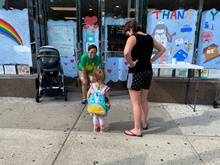 Day care drop-off in the Queens borough of New York City after phase 4 reopening during the coronavirus pandemic.