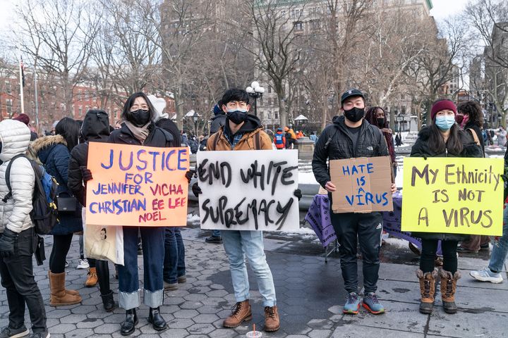 More than 200 people gather in Washington Square Park in New York City on Feb. 20 to rally in support of the Asian community and against hate crimes and white nationalism.