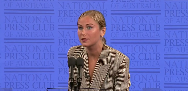 Sexual assault survivor and Australian of the Year Grace Tame addressing the National Press Club of Australia about Scott Morrison’s reaction to Brittany Higgins’ allegations.