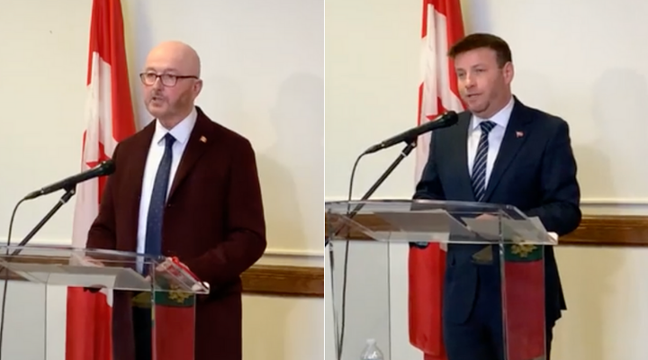 Conservative MP David Sweet and Independent MPP Roman Baber speak during a press conference at Queen's Park on March 3, 2021.