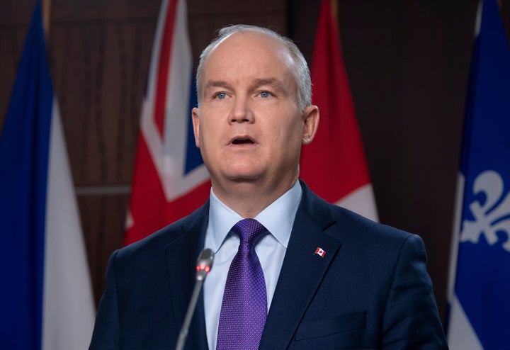 Leader of the Opposition Erin O'Toole speaks at a news conference on Parliament Hill in Ottawa on Feb. 26, 2021.