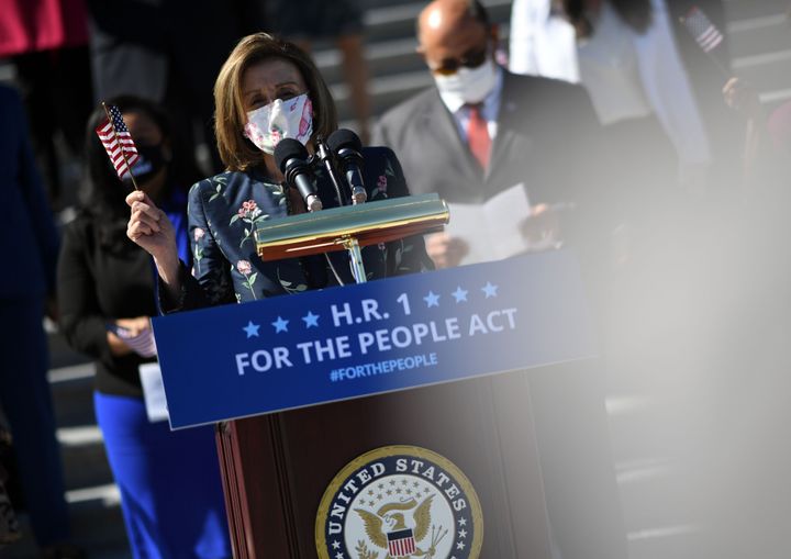 House Speaker Nancy Pelosi (D-Calif.) speaks in support of the For The People Act at an event on the U.S. Capitol steps on Ma