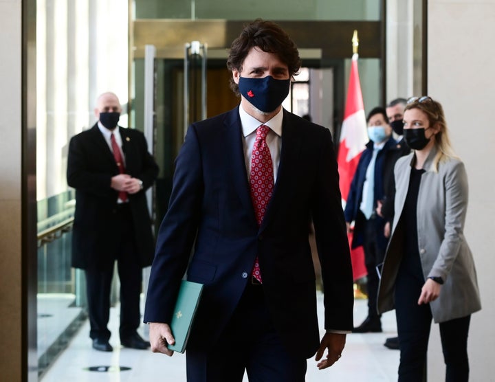 Prime Minister Justin Trudeau makes his way to a press conference on Feb. 26, 2021.