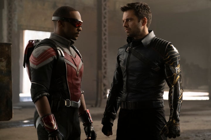 Anthony Mackie (left) as Falcon and Sebastian Stan as Bucky Barnes the Winter Soldier in a scene from "The Falcon and the Winter Soldier."