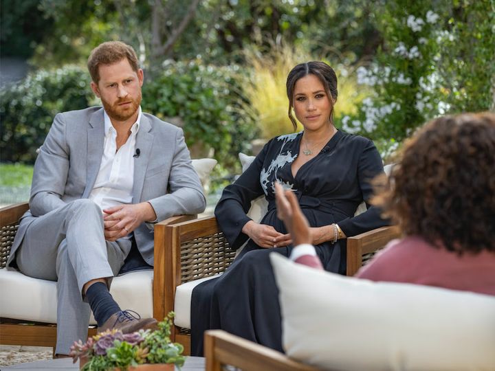 Prince Harry and Meghan Markle pictured during their sit down with Oprah Winfrey.
