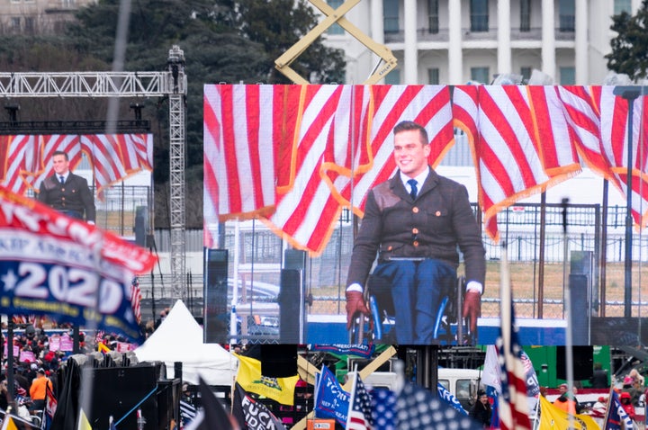 Rep. Madison Cawthorn (R-N.C.) speaks to Trump supporters from the Ellipse at the White House on Jan. 6, 2021, as Congress pr