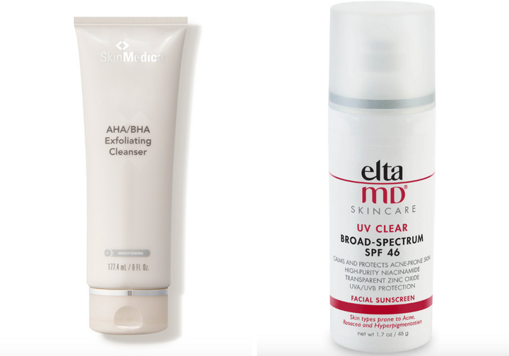 <strong><a href="https://www.dermstore.com/product_AHABHA+Exfoliating+Cleanser_53511.htm" target="_blank" role="link" class=" js-entry-link cet-external-link" data-vars-item-name="SkinMedica AHA/BHA Exfoliating Cleanser" data-vars-item-type="text" data-vars-unit-name="60414c96c5b6429d08321a1c" data-vars-unit-type="buzz_body" data-vars-target-content-id="https://www.dermstore.com/product_AHABHA+Exfoliating+Cleanser_53511.htm" data-vars-target-content-type="url" data-vars-type="web_external_link" data-vars-subunit-name="article_body" data-vars-subunit-type="component" data-vars-position-in-subunit="15">SkinMedica AHA/BHA Exfoliating Cleanser</a>, $47; <a href="https://www.dermstore.com/product_UV+Clear+BroadSpectrum+SPF+46_20567.htm" target="_blank" role="link" class=" js-entry-link cet-external-link" data-vars-item-name="EltaMD UV Clear Face Sunscreen SPF 46" data-vars-item-type="text" data-vars-unit-name="60414c96c5b6429d08321a1c" data-vars-unit-type="buzz_body" data-vars-target-content-id="https://www.dermstore.com/product_UV+Clear+BroadSpectrum+SPF+46_20567.htm" data-vars-target-content-type="url" data-vars-type="web_external_link" data-vars-subunit-name="article_body" data-vars-subunit-type="component" data-vars-position-in-subunit="16">EltaMD UV Clear Face Sunscreen SPF 46</a>, $36</strong>