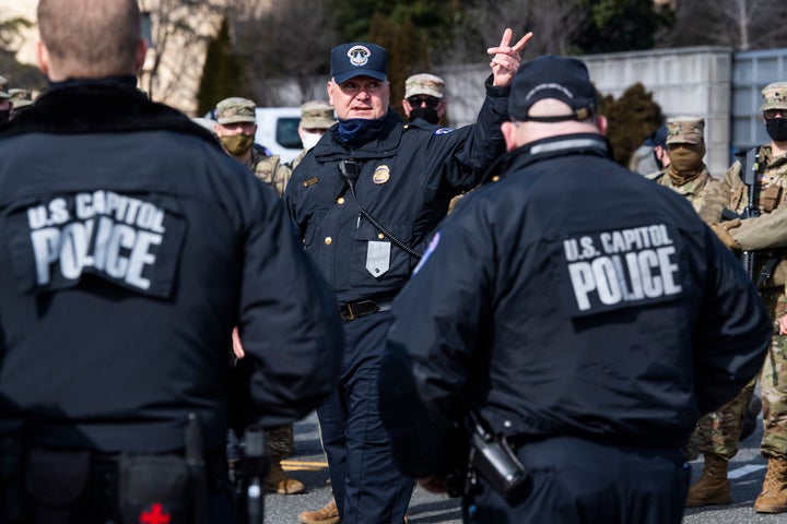 U.S. Capitol Police and National Guard troops conduct a security briefing on Independence Avenue on March 4, 2021. 