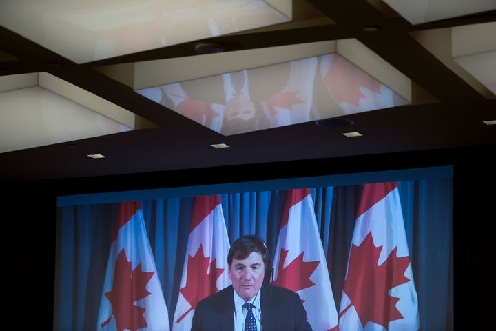 Minister of Intergovernmental Affairs Dominic LeBlanc appears via videoconference during a news conference on the COVID-19 pandemic in Ottawa, on Jan. 15, 2021.