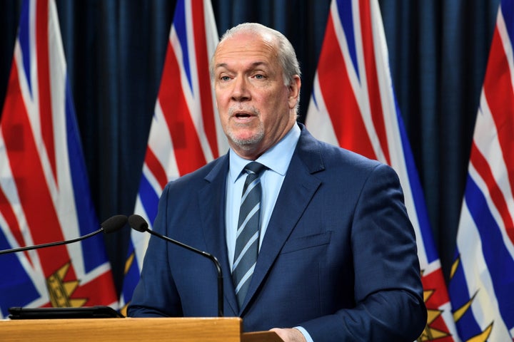 B.C. Premier John Horgan addresses the media at the Legislative Assembly of British Columbia in Victoria on Monday.