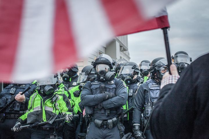 Riot police formed heavy lines near the U.S. Capitol on January 06, 2021 in Washington, D.C. 