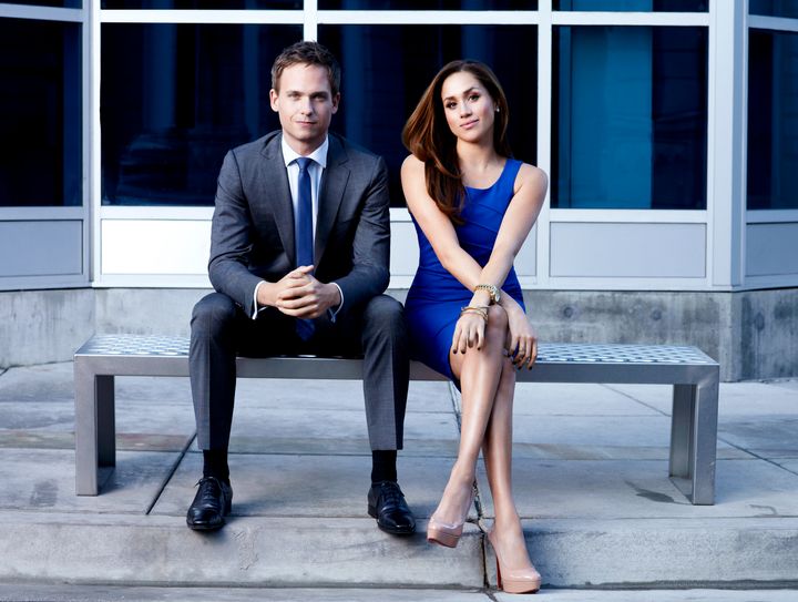 Patrick J. Adams as his "Suits" character Mike Ross and Meghan Markle as Rachel Zane. Adams posted a lengthy Twitter thread defending his former co-star against allegations of bullying. 