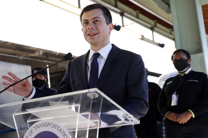 Secretary of Transportation Pete Buttigieg speaks to Amtrak employees during a visit to Union Station in Washington, D.C., in February.