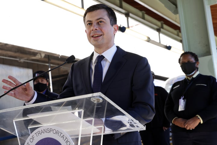 Secretary of Transportation Pete Buttigieg speaks to Amtrak employees during a visit to Union Station in Washington, D.C., in