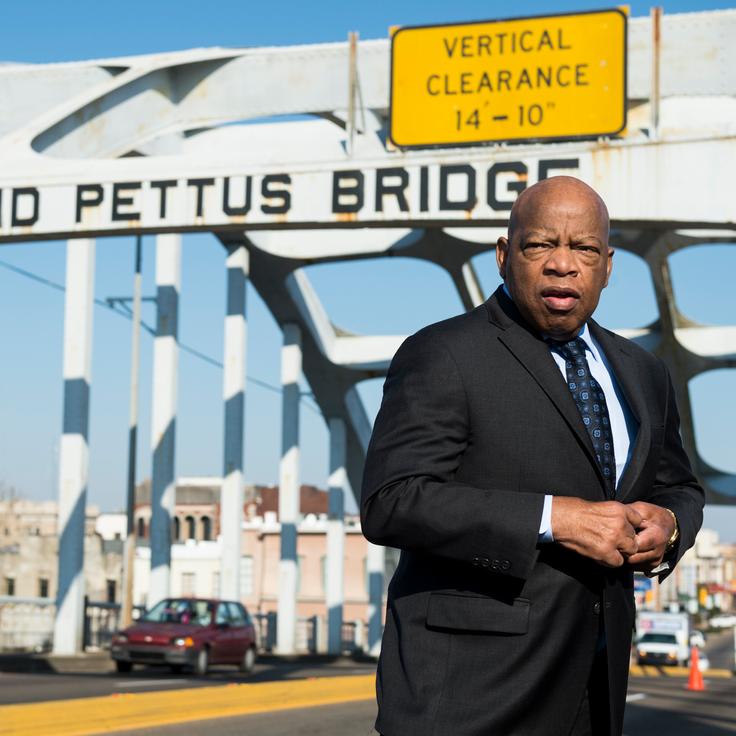 Rep. John Lewis (D-Ga.) stands on the Edmund Pettus Bridge in Selma, Alabama, on Feb. 14, 2015. Lewis was beaten by police on the bridge on Bloody Sunday, on March 7, 1965, during an attempted march for voting rights from Selma to Montgomery.