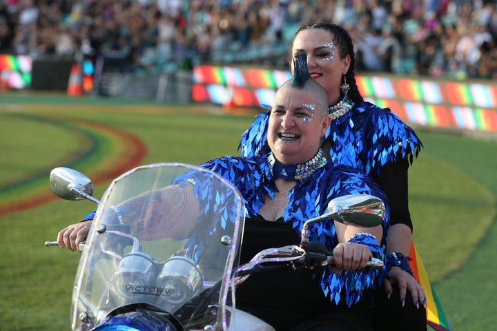 Dykes on Bikes parade around the SCG during the 43rd Sydney Gay and Lesbian Mardi Gras Parade on March 06, 2021 in Sydney, Australia.