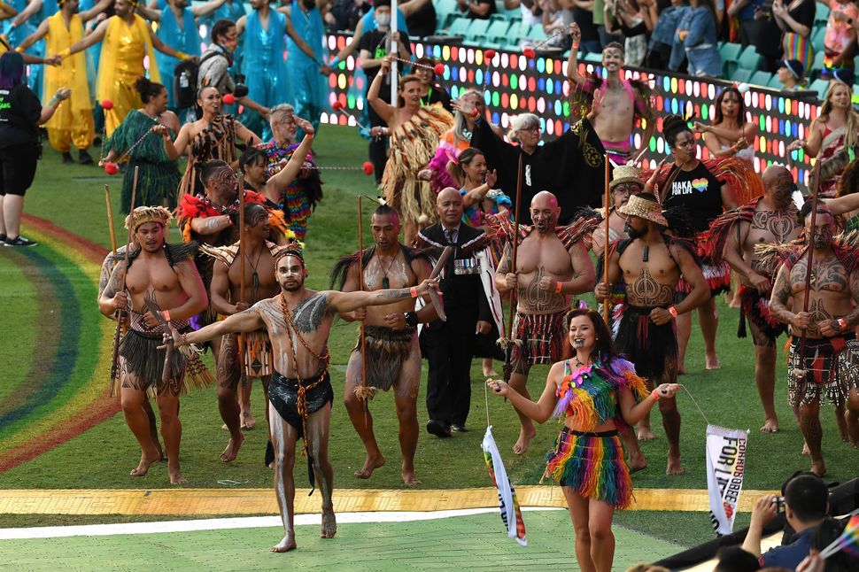 Haka For Life and Corroboree for Life at the 43rd Sydney Gay and Lesbian Mardi Gras Parade at the SCG on March 06, 2021 in Sydney, Australia.