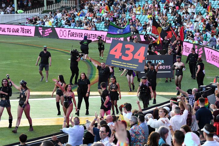 Participants enjoy the atmosphere during the 43rd Sydney Gay and Lesbian Mardi Gras Parade at the SCG on March 06, 2021 in Sydney, Australia.