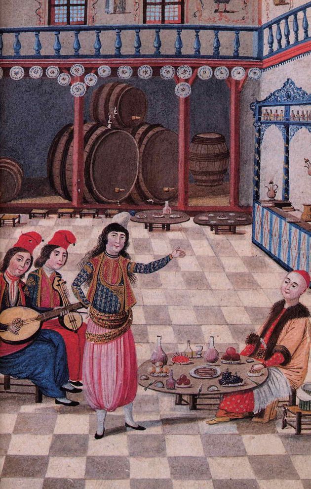 Άρχοντας ( φαναριώτης ; ) , θαμώνας meyhane/ταβερνείου οίνου, ακούει ένα Kocek/ Tavşan/ rakkas πουτον συνοδεύουν 2 μουσικοί με λάφτα/λαούτο και λύρα ( μάλλον Έλληνες λόγω του σκούφουτους και της λύρας ) - Fazyl bin Tahir Enderuni ( 1793 )