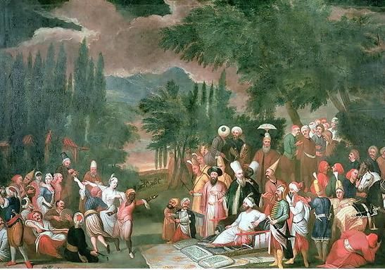 Πίνακας του Jean Baptiste Vanmour – Ο σουλτάνος Ahmet ο 3ος με τη συνοδεία του, ακούει και βλέπει πλανόδιους μουσικούς οργανωμένους σε kol/κλάδο, Κιοτσέκ, Τσενγκί και νάνους /τζουτζέδες 