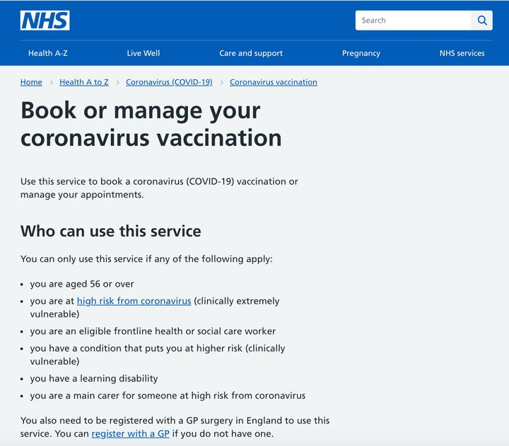 A screenshot of the NHS Covid-19 vaccine booking page.