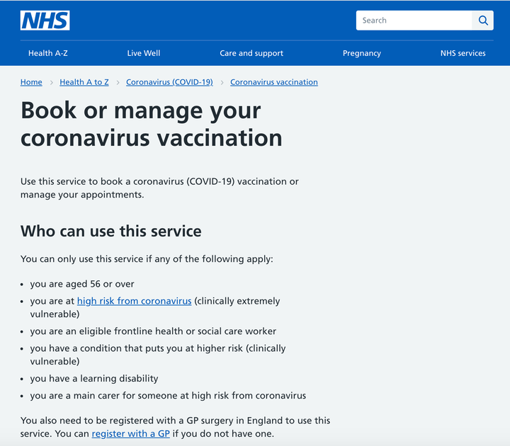 A screenshot of the NHS Covid-19 vaccine booking page.