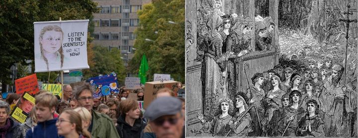 Αριστερά: «Παρασκευή για το Μέλλον», Πότσνταμ 20/9/2019 (Πηγή: Fridays For Future Potsdam, CC BY-SA 2.0). Δεξιά: Η Σταυροφορία των Παιδιών του 1212 (Gustave Doré, πηγή: Story of the Crusades, 1877).
