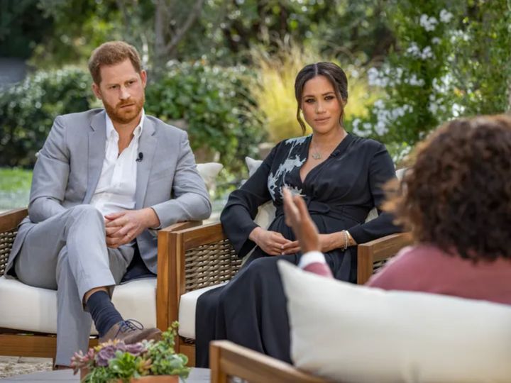 Prince Harry and Meghan Markle during their interview with Oprah Winfrey.