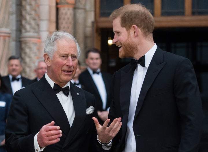 Prince Harry with his father, Prince Charles at the "Our Planet" global premiere at the Natural History Museum April 4, 2019