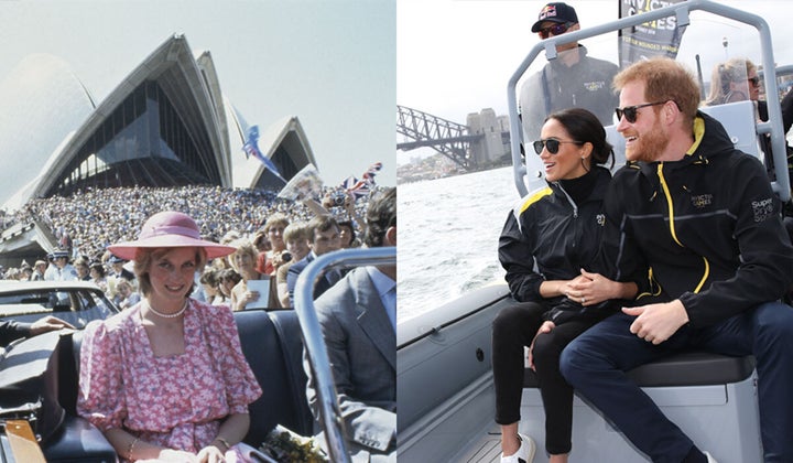 Princess Diana in Sydney in 1983 and Meghan Markle and Prince Harry on Sydney Harbour in 2018