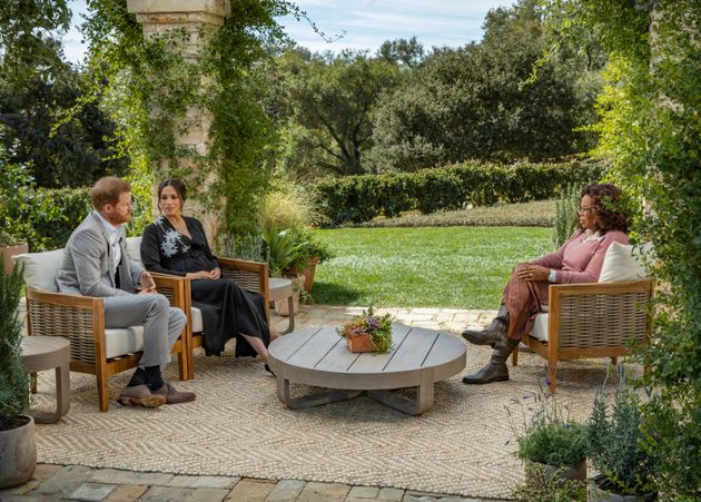 Le Prince Harry et sa femme Meghan Markle, la Duchesse de Sussex lors d'une interview avec Oprah Winfrey diffusée dimanche 7 mars 2021 sur CBS