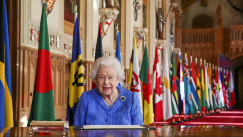 A smiling Queen pictured against a backdrop of flags for Commonwealth Day on March 7 