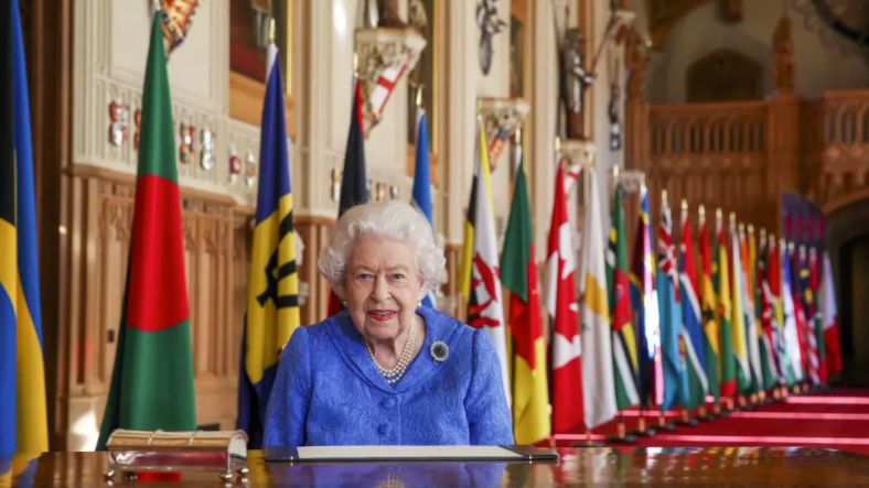 A smiling Queen pictured against a backdrop of flags for Commonwealth Day on March 7 