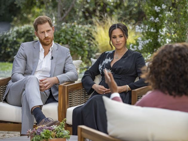 Handout photo supplied by Harpo Productions showing the Duke and Duchess of Sussex during their interview with Oprah Winfrey which was broadcast in the US on March 7. Issue date: Monday March 8, 2021.