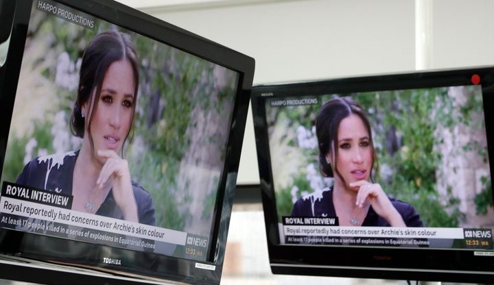 Australian television news in Sydney on March 8, 2021, reports on an interview of The Duke and Duchess of Sussex by Oprah Winfrey.