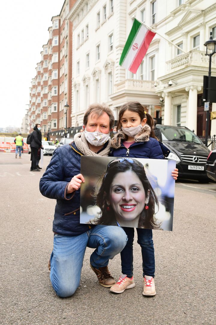 Richard Ratcliffe, the husband of Nazanin Zaghari-Ratcliffe, with his daughter Gabriella during a protest outside the Iranian Embassy in London