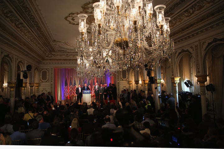 Donald Trump speaks to the media at his Mar-a-Lago resort on March 1, 2016, in Palm Beach, Florida. Trump is expected to participate in a retreat for top Republican donors at Mar-a-Lago in April.