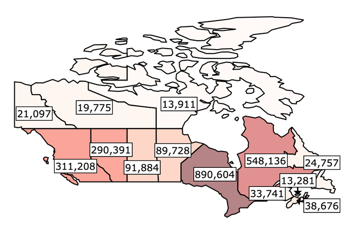 A screenshot of the VaxView map from OpenCovid.ca, taken Mar. 8, 2021.